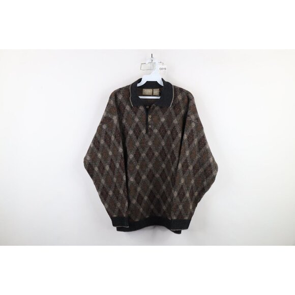 Vtg 90s Streetwear Mens L Wool Blend Knit Diamond Collared Sweater Earth Tone